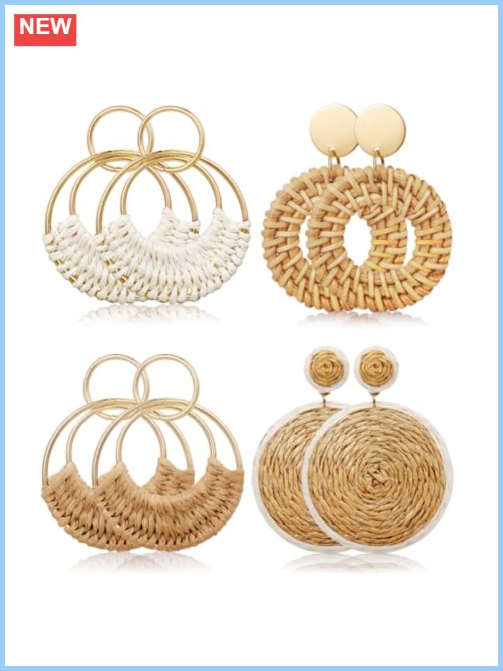Handmade Raffia Rattan Boho Round Drop Dangle Earrings Set for Women